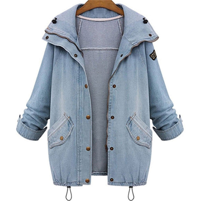 Blue Hooded Drawstring Boyfriend Trends Jean Two Piece Women Jacket