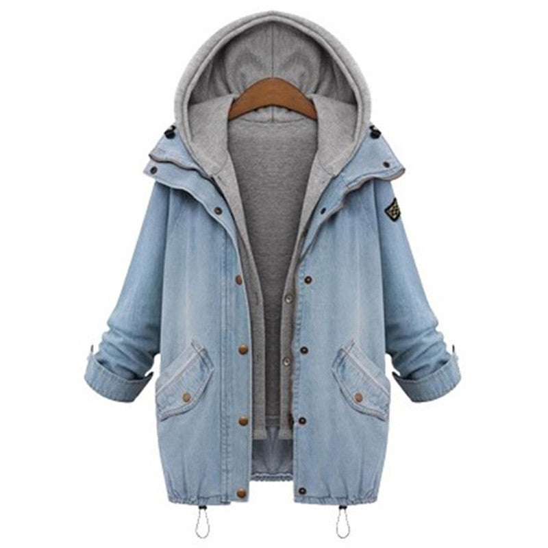 Blue Hooded Drawstring Boyfriend Trends Jean Two Piece Women Jacket