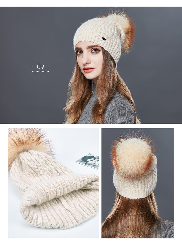 Cashmere Knitted Winter Hat For Women With Real Fur Pompom