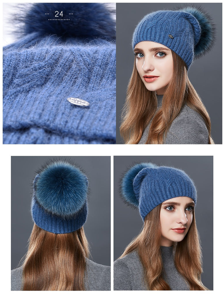 Cashmere Knitted Winter Hat For Women With Real Fur Pompom