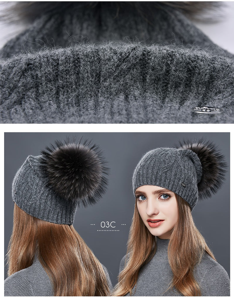 Cashmere Knitted Winter Hat For Women With Real Fur Pompom