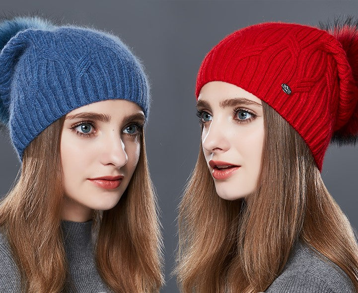 Cashmere Knitted Winter Hat For Women With Real Fur Pompom