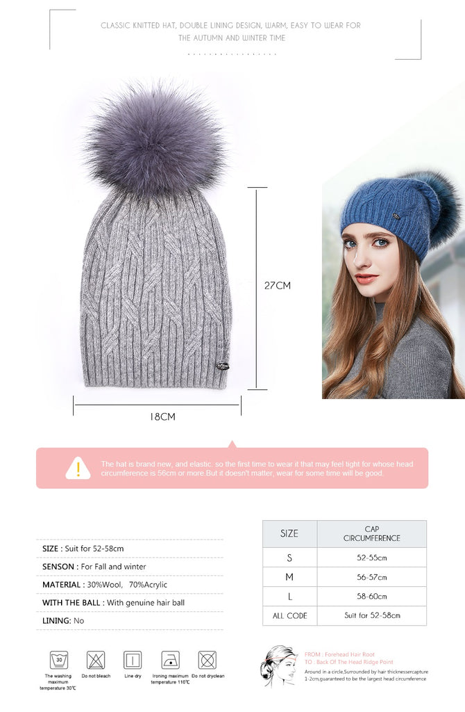 Cashmere Knitted Winter Hat For Women With Real Fur Pompom