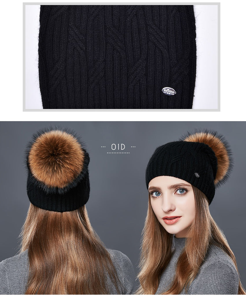 Cashmere Knitted Winter Hat For Women With Real Fur Pompom