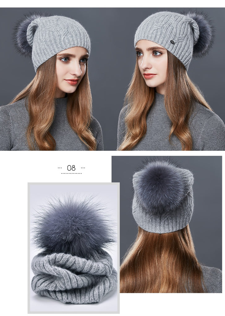 Cashmere Knitted Winter Hat For Women With Real Fur Pompom