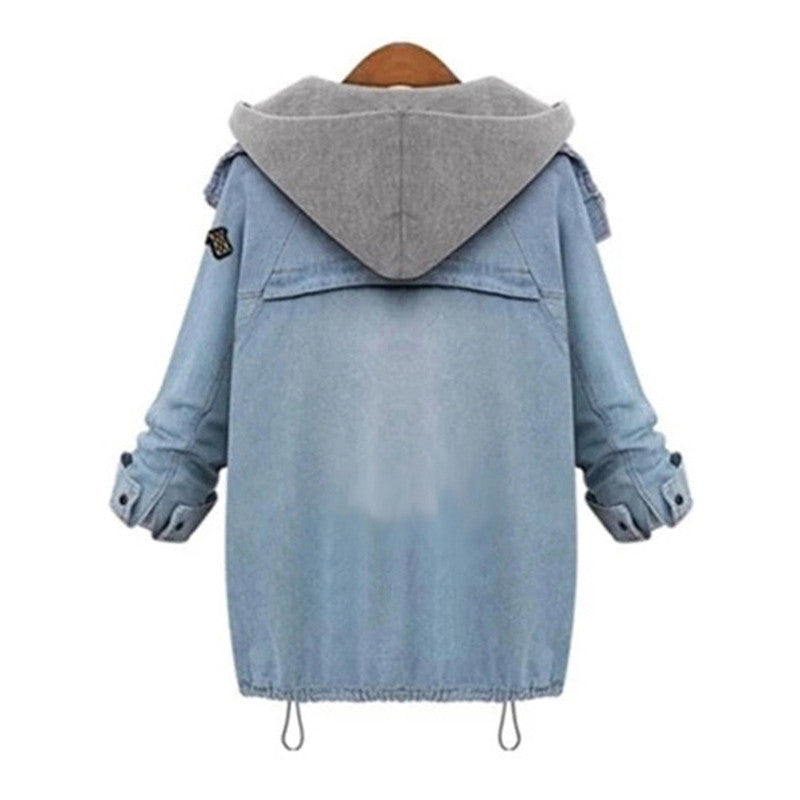 Blue Hooded Drawstring Boyfriend Trends Jean Two Piece Women Jacket