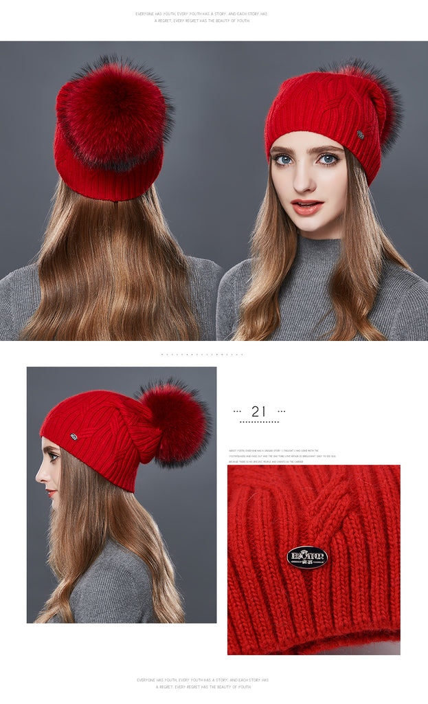 Cashmere Knitted Winter Hat For Women With Real Fur Pompom