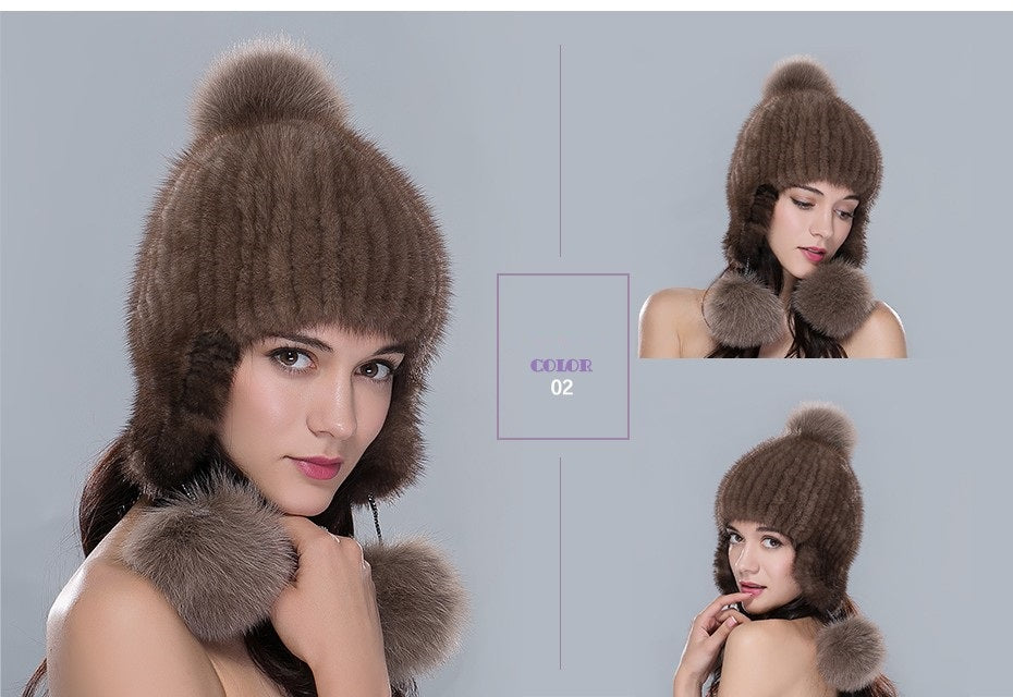 High Quality Real Mink Fur Cap With Fur Pom Pom Knitted Bomber Hats For Women