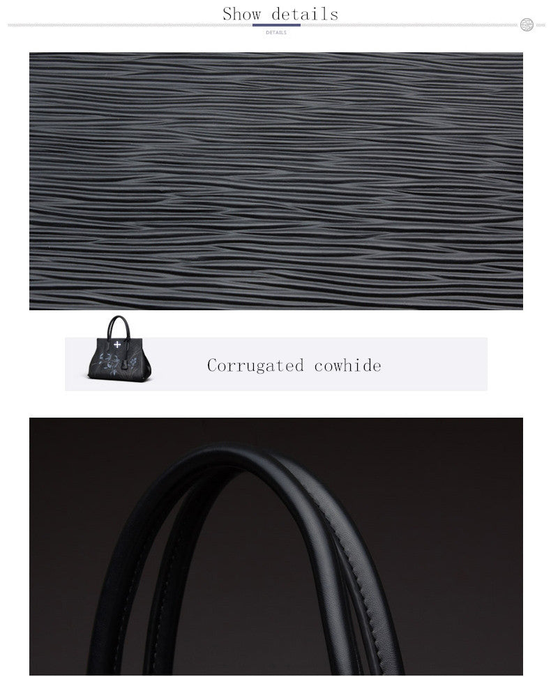 Flowers Printed Black Leather Top Quality Tote Handbags bws