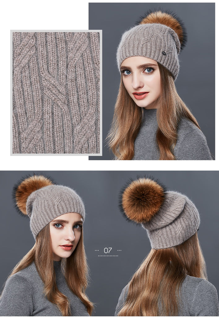 Cashmere Knitted Winter Hat For Women With Real Fur Pompom