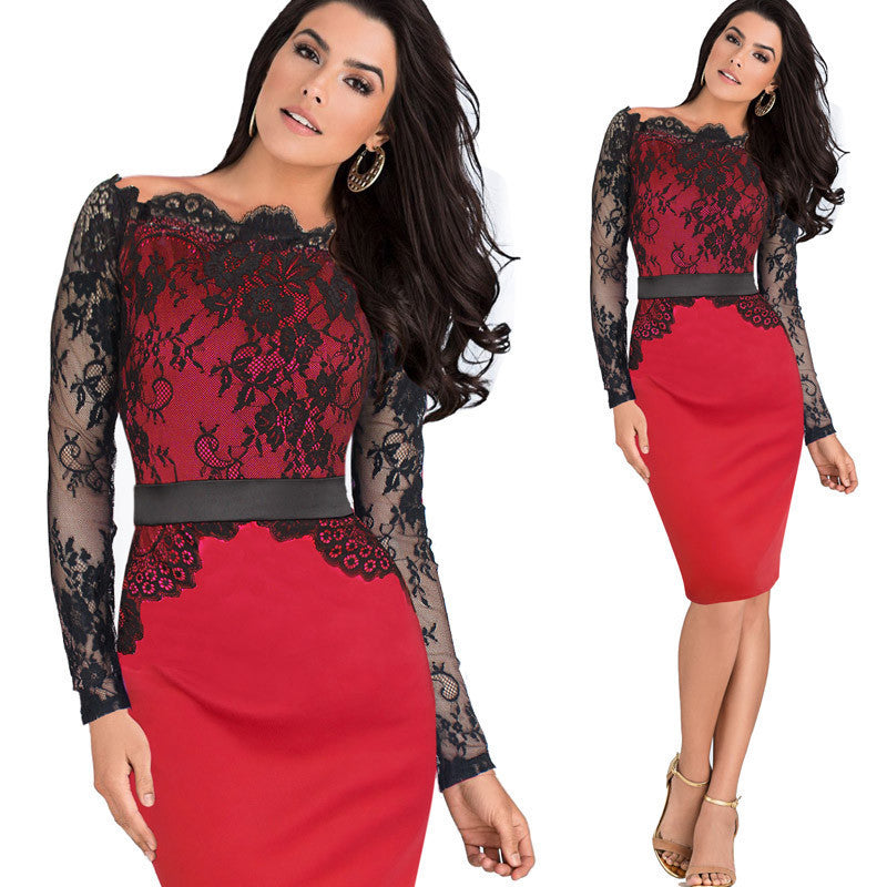 Elegant Pinup Lace Off Shoulder Party Fitted Dresses