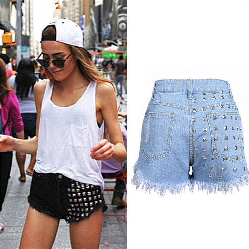 Summer Fashion Rivets Tassel Shorts Women Jeans