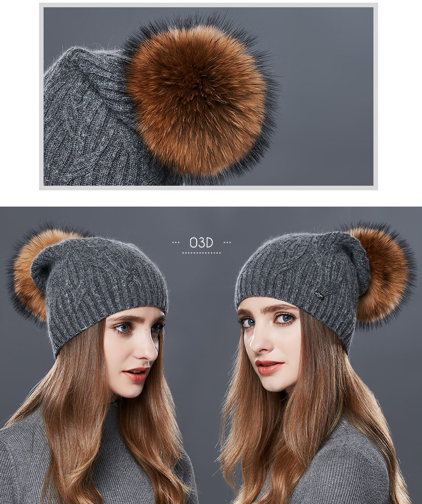 Cashmere Knitted Winter Hat For Women With Real Fur Pompom