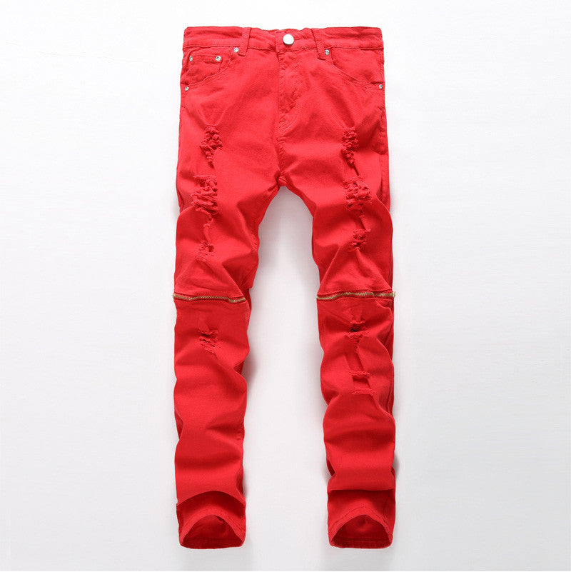 Red White Black Ripped Denim Knee Jeans for Men