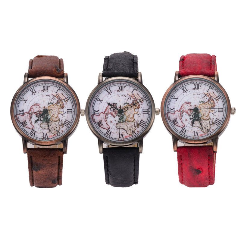 Vintage World Map Design Roman Numerals Leather Strap Watch wm-q ww-d