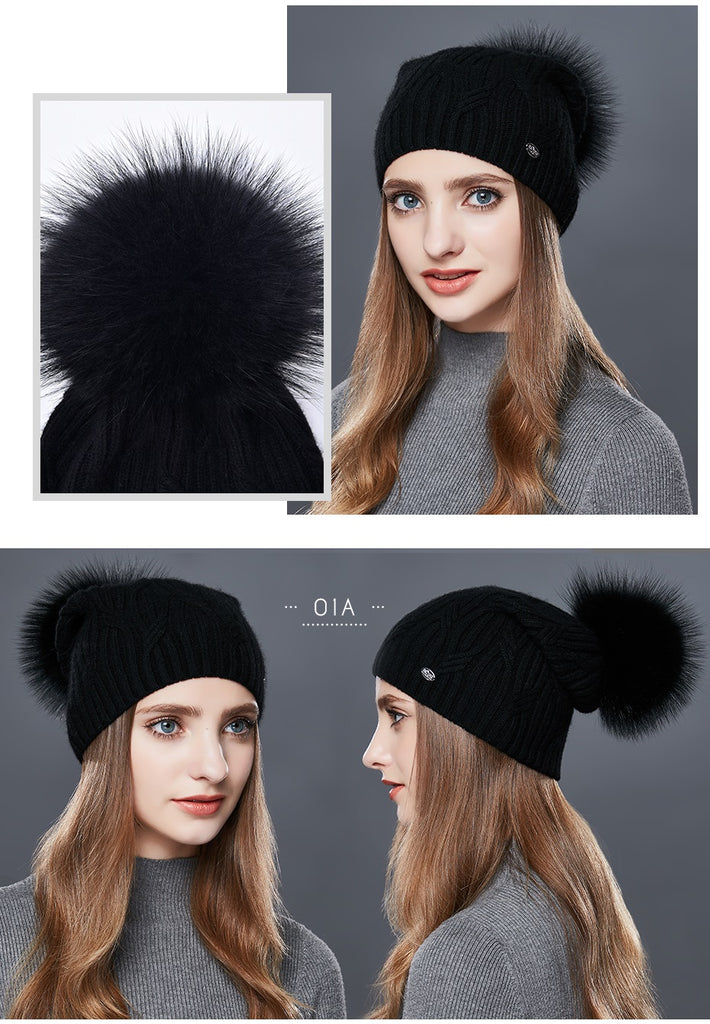 Cashmere Knitted Winter Hat For Women With Real Fur Pompom