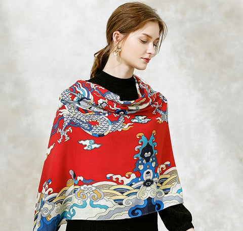 100% Wool Luxury Dragon Pattern Winter Scarves For Women