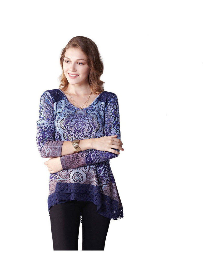 Casual Style Printing Lace Long Sleeved Shirt Tops For Women