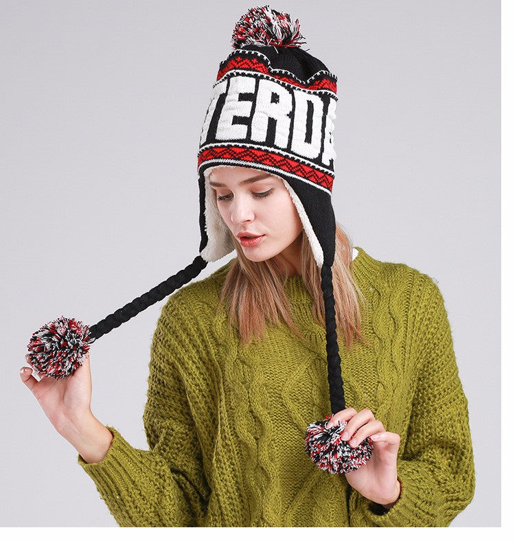 Ears Warm Beanie Hats For Women With Top Ball