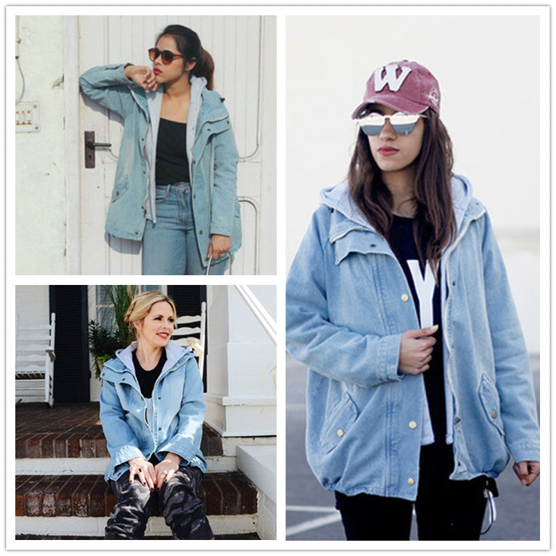 Blue Hooded Drawstring Boyfriend Trends Jean Two Piece Women Jacket