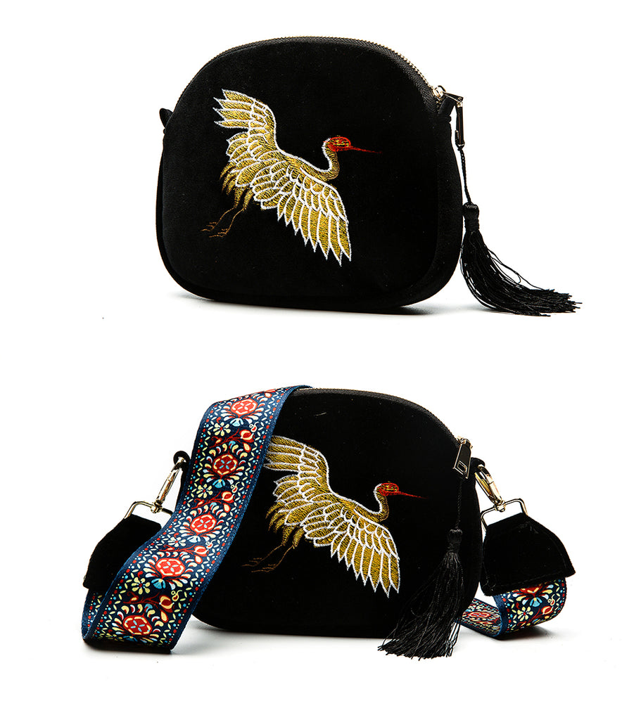 Mini Velvet Embroidery Wild Strap Fashion Tassel Vintage Crossbody Bag bws