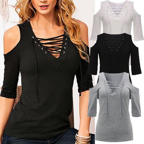 Casual Lace Up V-Neck Off Shoulder Half Sleeve Slim Tops