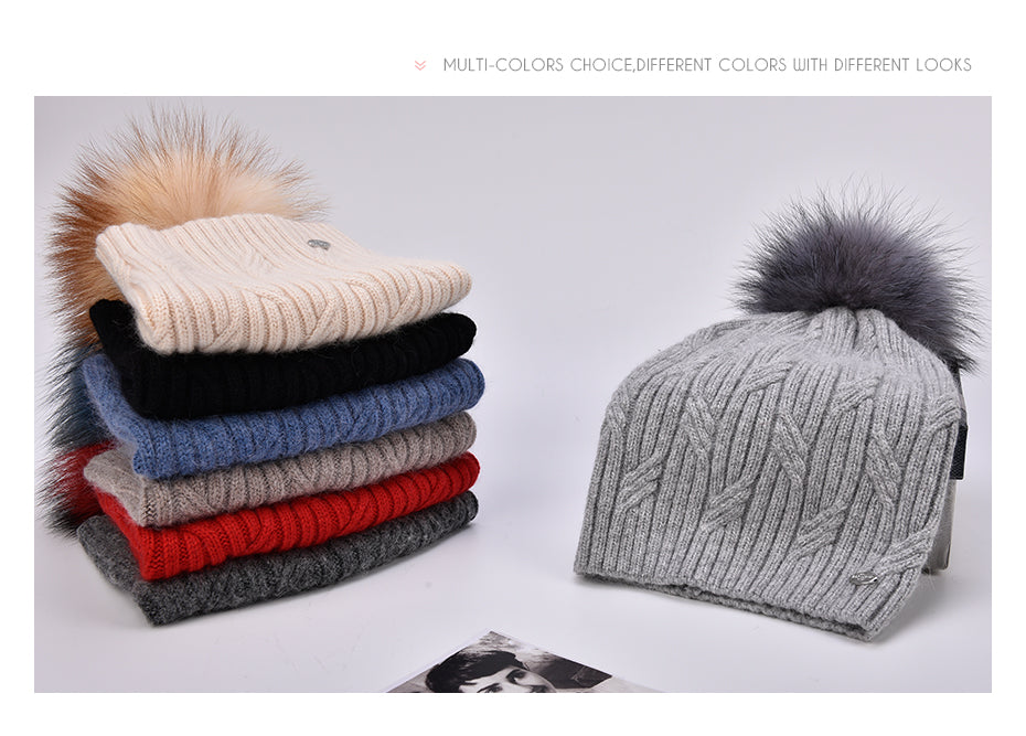 Cashmere Knitted Winter Hat For Women With Real Fur Pompom