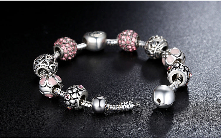 Antique Silver Charm Bracelets with Love and Flower Crystal Ball Women