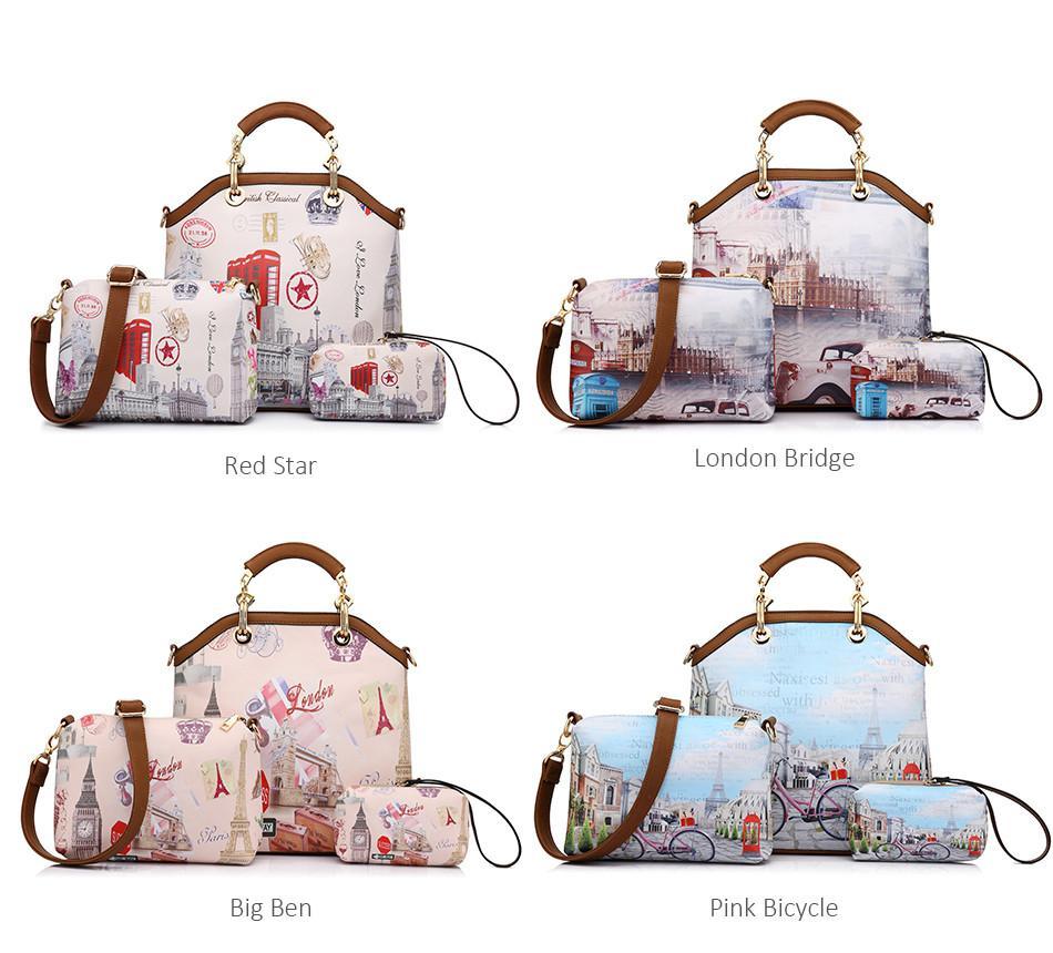 3 Pcs Printed Handbag Large Tote Messenger Bag bws Purse