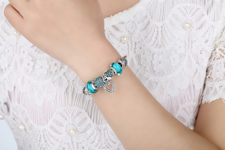 Heart Pendant Vintage Charm Blue Beads Jewelry Bracelets