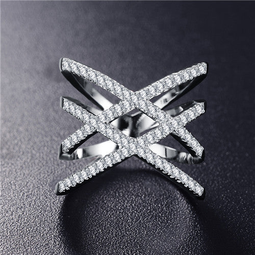 Double Letter X Shape Zirconia Micro Paved Silver Plated Ring wr-