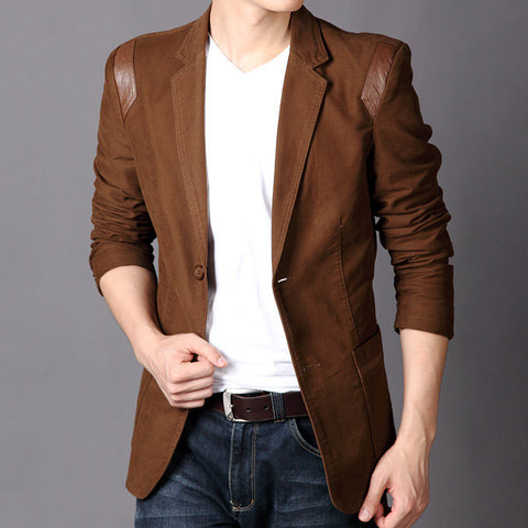 Casual Slim Fit Leather Patchwork Blazer for Men