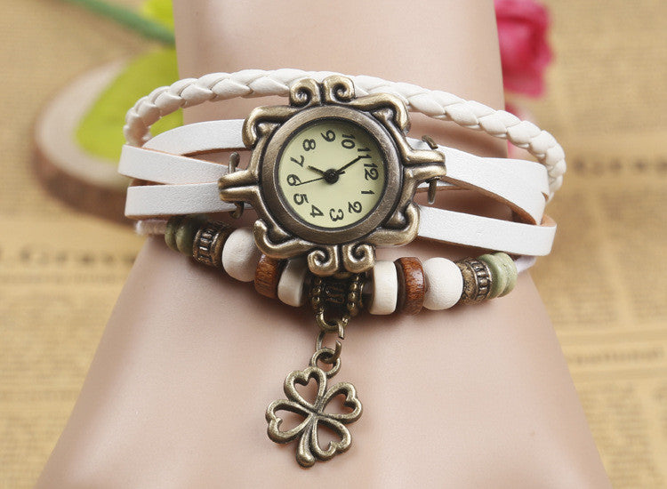Vintage Watch With Leaf Clover Pendant Design For Women ww-b