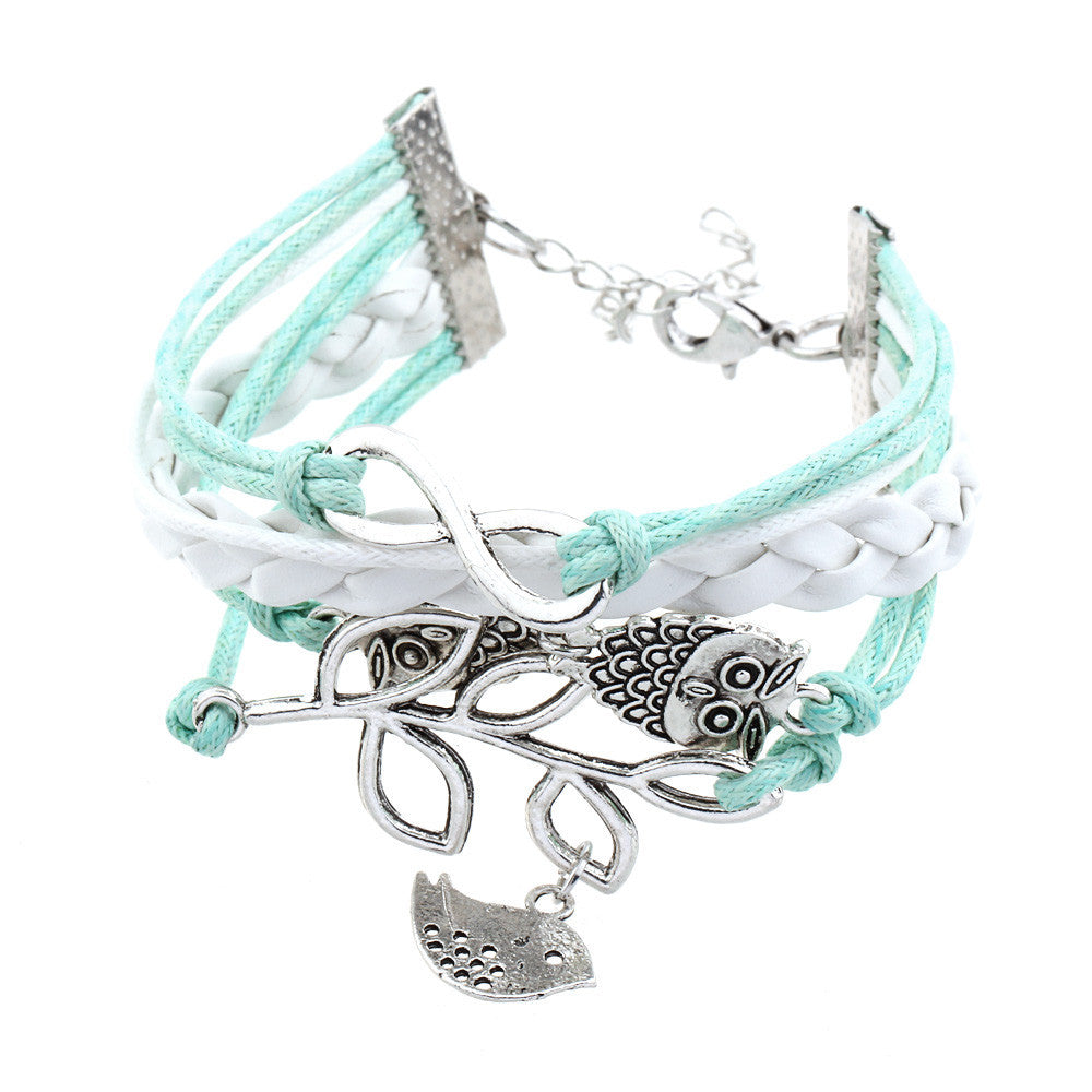 Vintage Bird Owls Anchor Wrap Leather Charm bracelets mj-