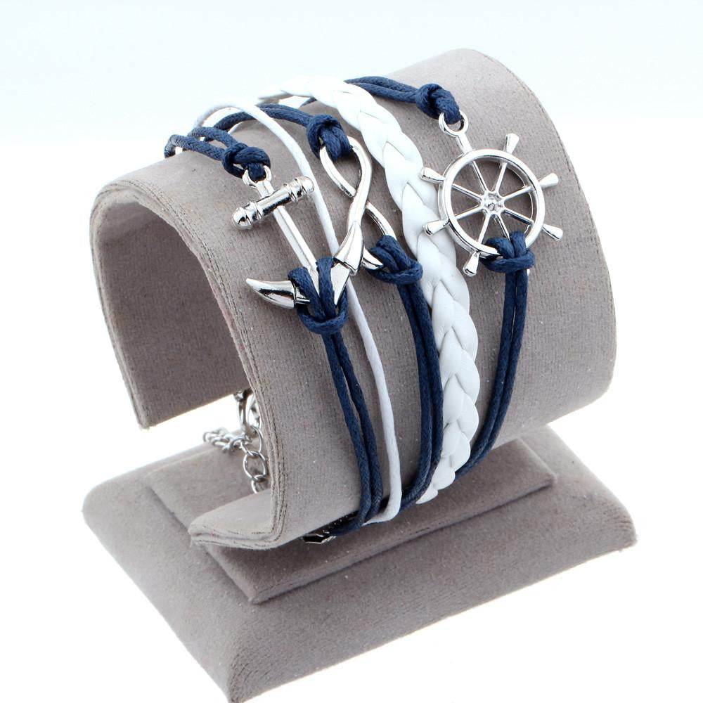 Vintage Bird Owls Anchor Wrap Leather Charm bracelets mj-