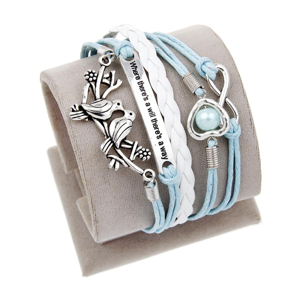 Vintage Bird Owls Anchor Wrap Leather Charm bracelets mj-