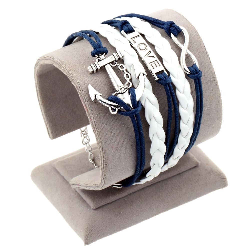 Vintage Bird Owls Anchor Wrap Leather Charm bracelets mj-