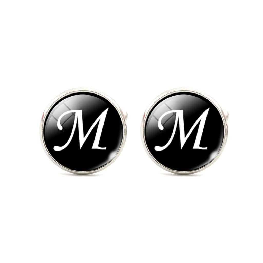 Alphabet Single Letter Black Bottom Silver Plated Jewelry Men Cufflinks