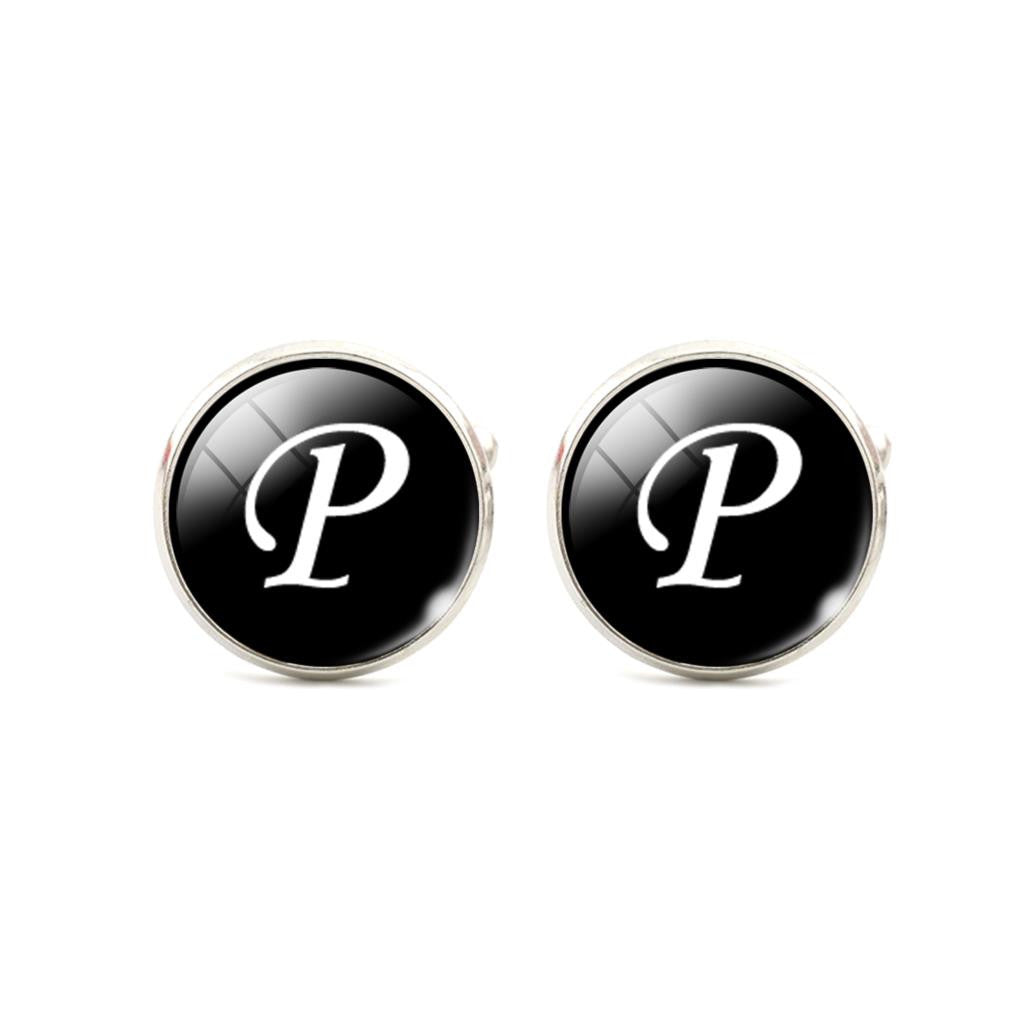 Alphabet Single Letter Black Bottom Silver Plated Jewelry Men Cufflinks
