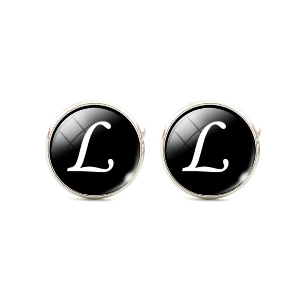 Alphabet Single Letter Black Bottom Silver Plated Jewelry Men Cufflinks