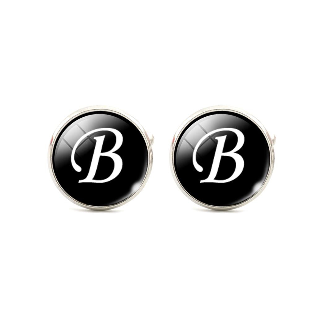 Alphabet Single Letter Black Bottom Silver Plated Jewelry Men Cufflinks