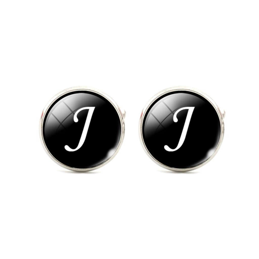Alphabet Single Letter Black Bottom Silver Plated Jewelry Men Cufflinks
