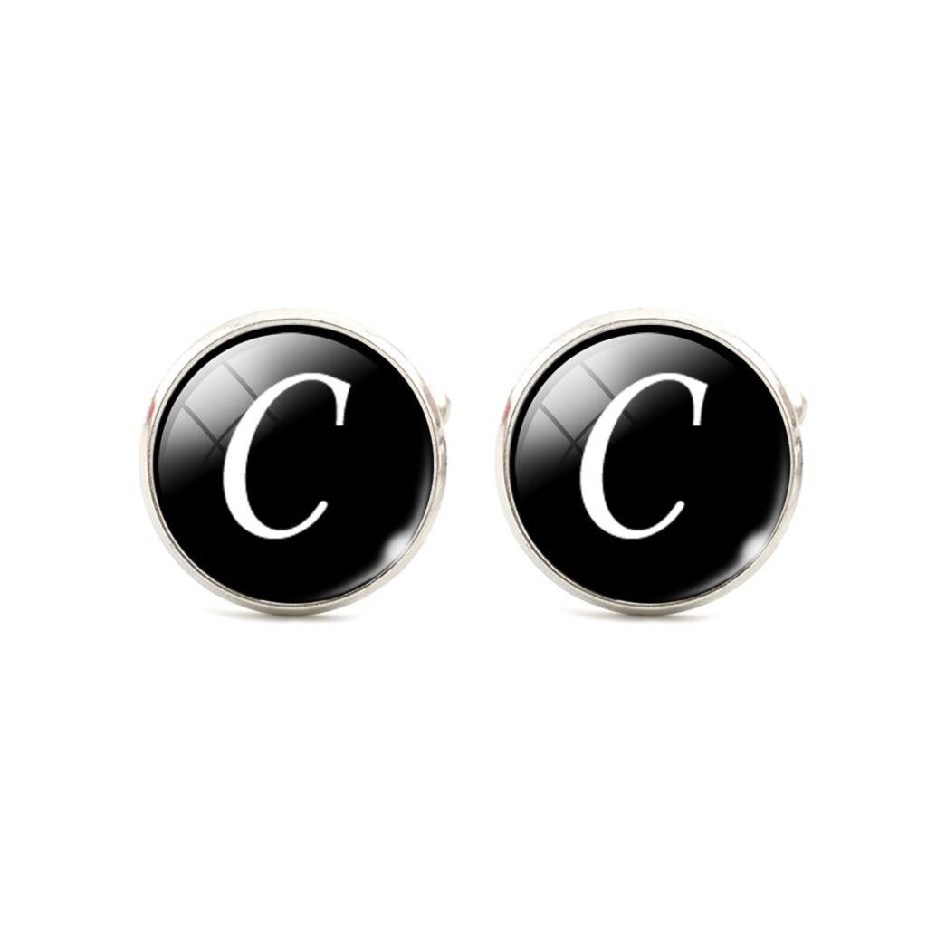 Alphabet Single Letter Black Bottom Silver Plated Jewelry Men Cufflinks
