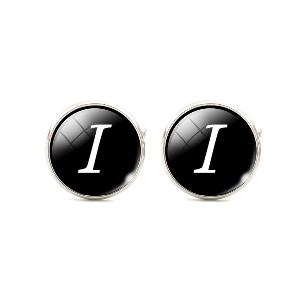 Alphabet Single Letter Black Bottom Silver Plated Jewelry Men Cufflinks