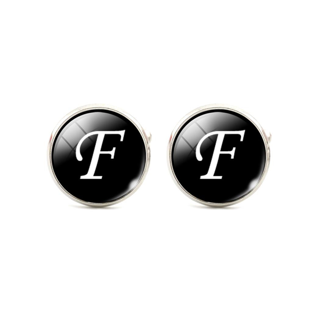Alphabet Single Letter Black Bottom Silver Plated Jewelry Men Cufflinks