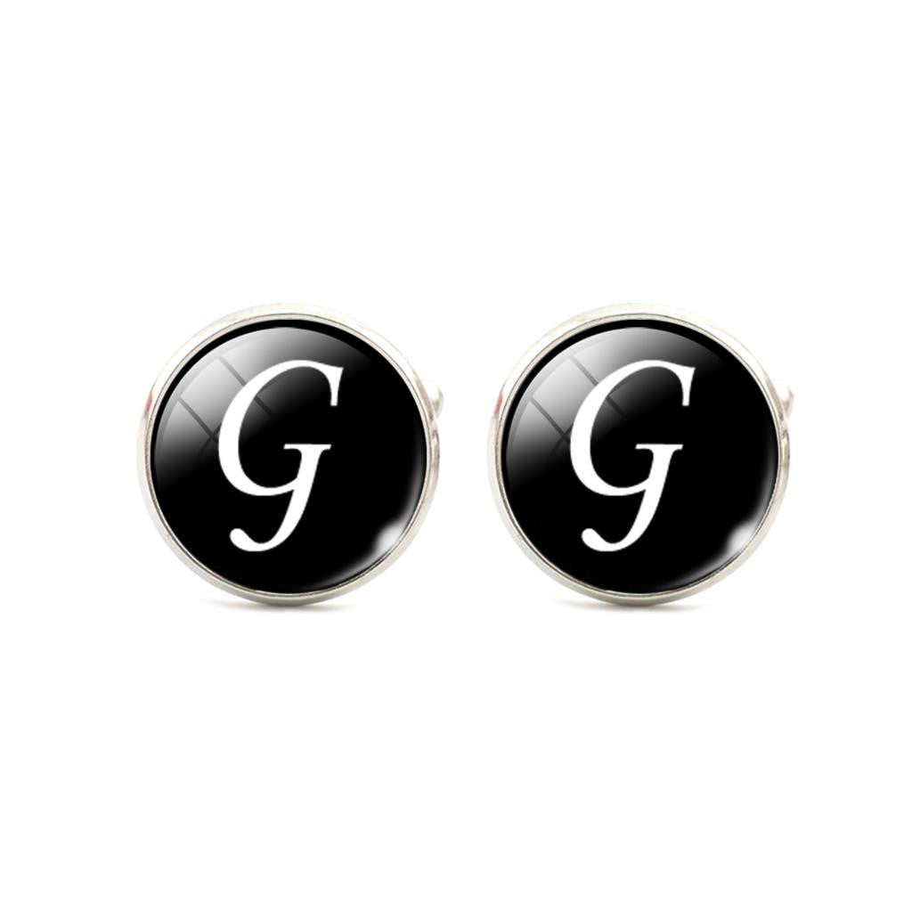 Alphabet Single Letter Black Bottom Silver Plated Jewelry Men Cufflinks