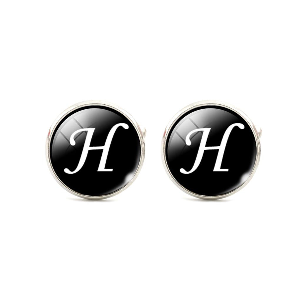 Alphabet Single Letter Black Bottom Silver Plated Jewelry Men Cufflinks