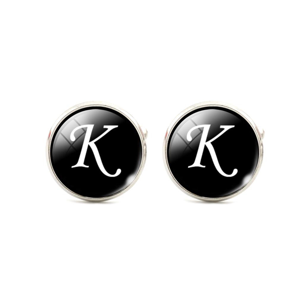 Alphabet Single Letter Black Bottom Silver Plated Jewelry Men Cufflinks
