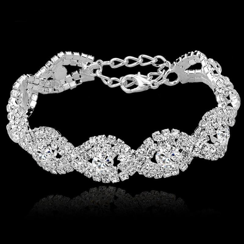 Luxury Crystal Silver Bangles Bridal Wedding Bracelets Jewelry
