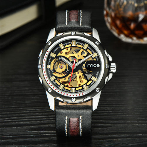 Luxury Mechanical Leather Band Skeleton Watch For Men wm-m